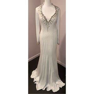 Ivory Long-Sleeve Beaded Prom Gown